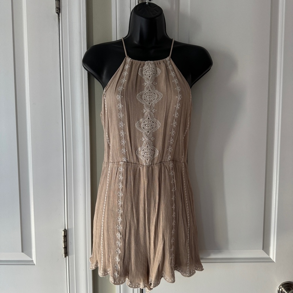 Lush Tan Halter Shorts Romper with White Embroidery Size S
